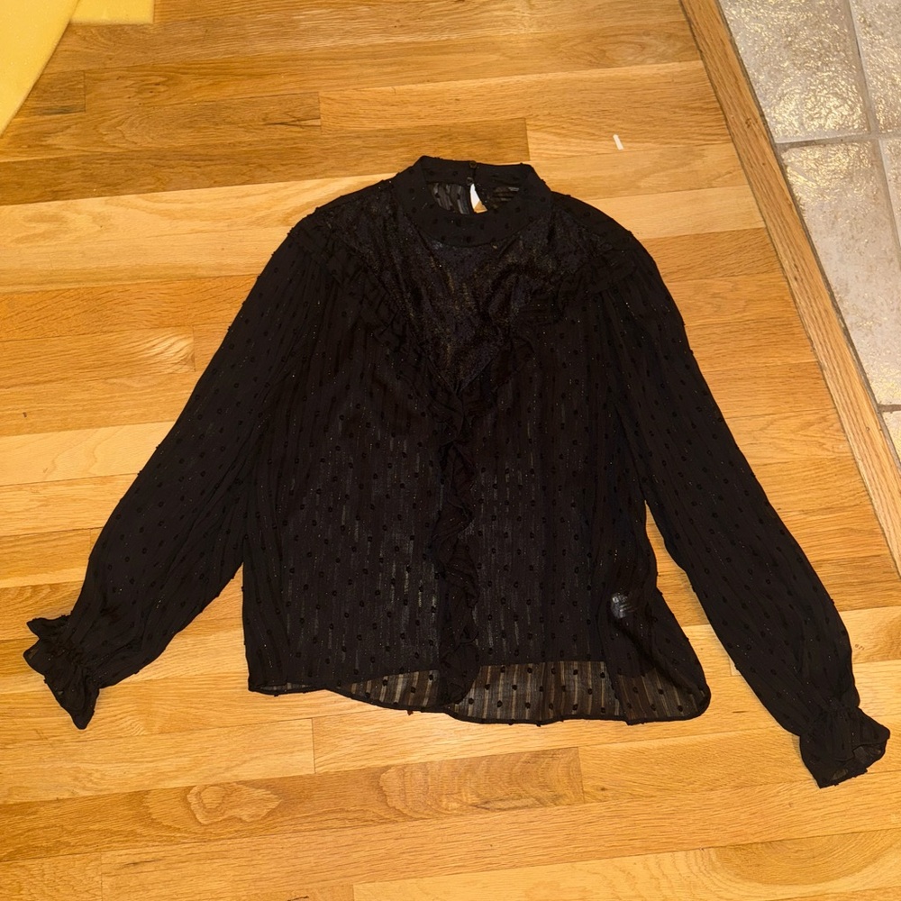 Zara Black Sheer Blouse with Ruffle Detail